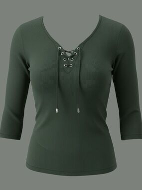 Ashly Brent Olive Green Lace Up Ribbed Top Size XL Cotton Boho Y2K Casual